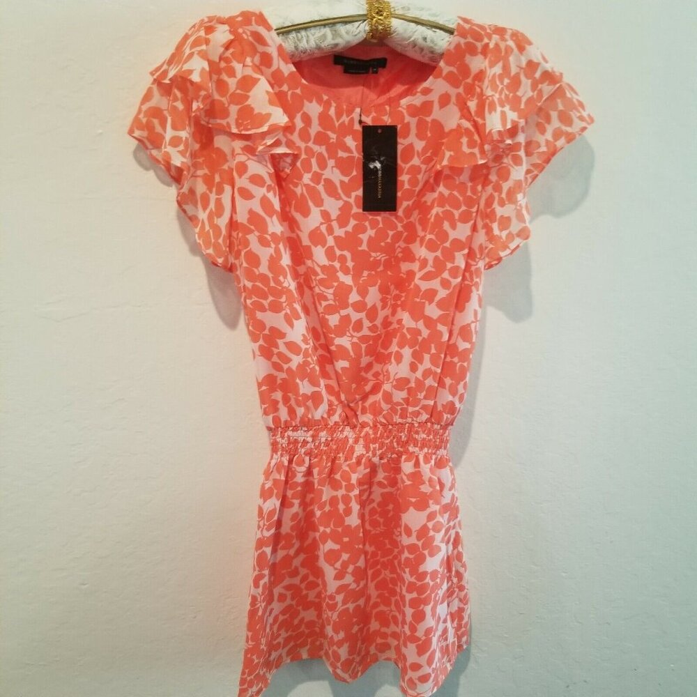 New BCBGMaxazria Womens Shadow Leaves Print Ruffle Sleeve Mini Dress Medium $220